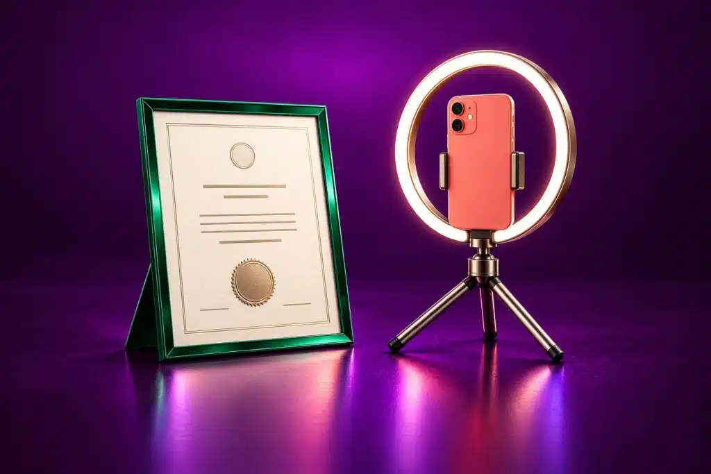 Documento profesional junto a teléfono y aro de luz.