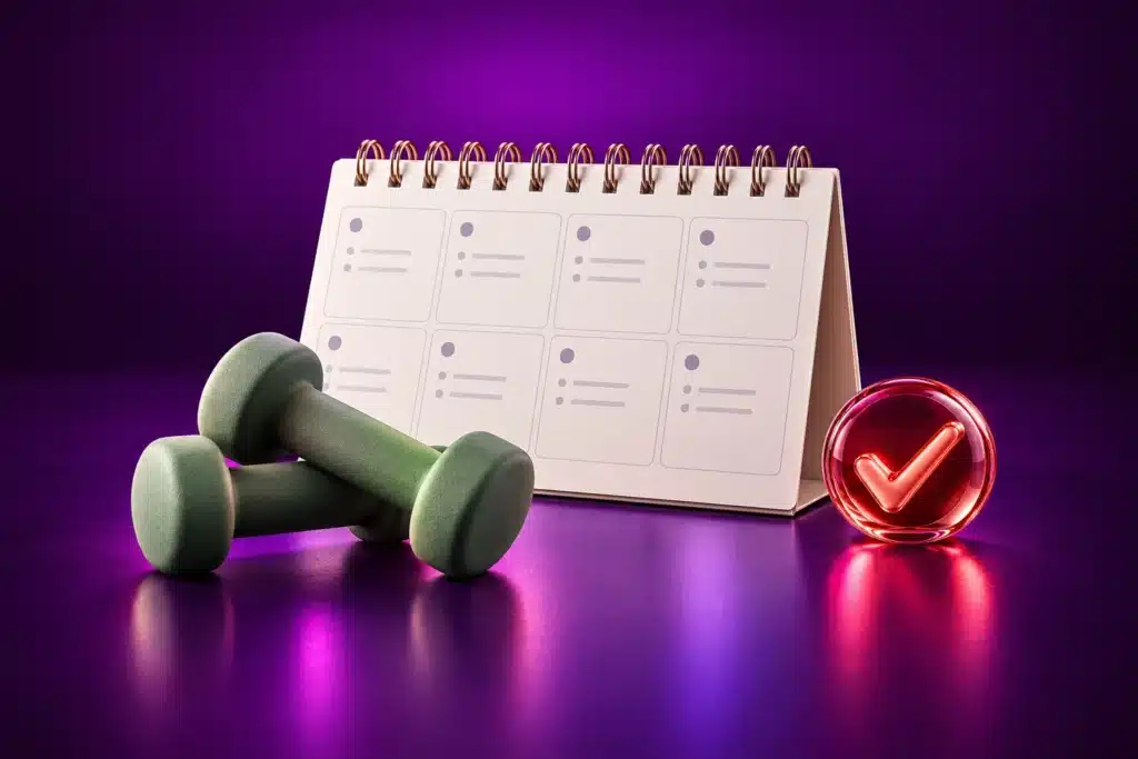 Calendario de ocho semanas, mancuernas verdes y marca de avance de cristal coral.